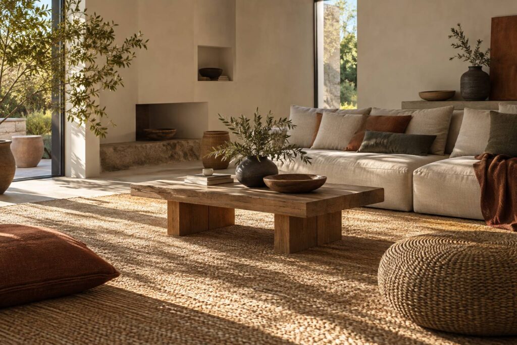 Sol en fibres vegetales tressees de teinte naturelle dans un salon clair