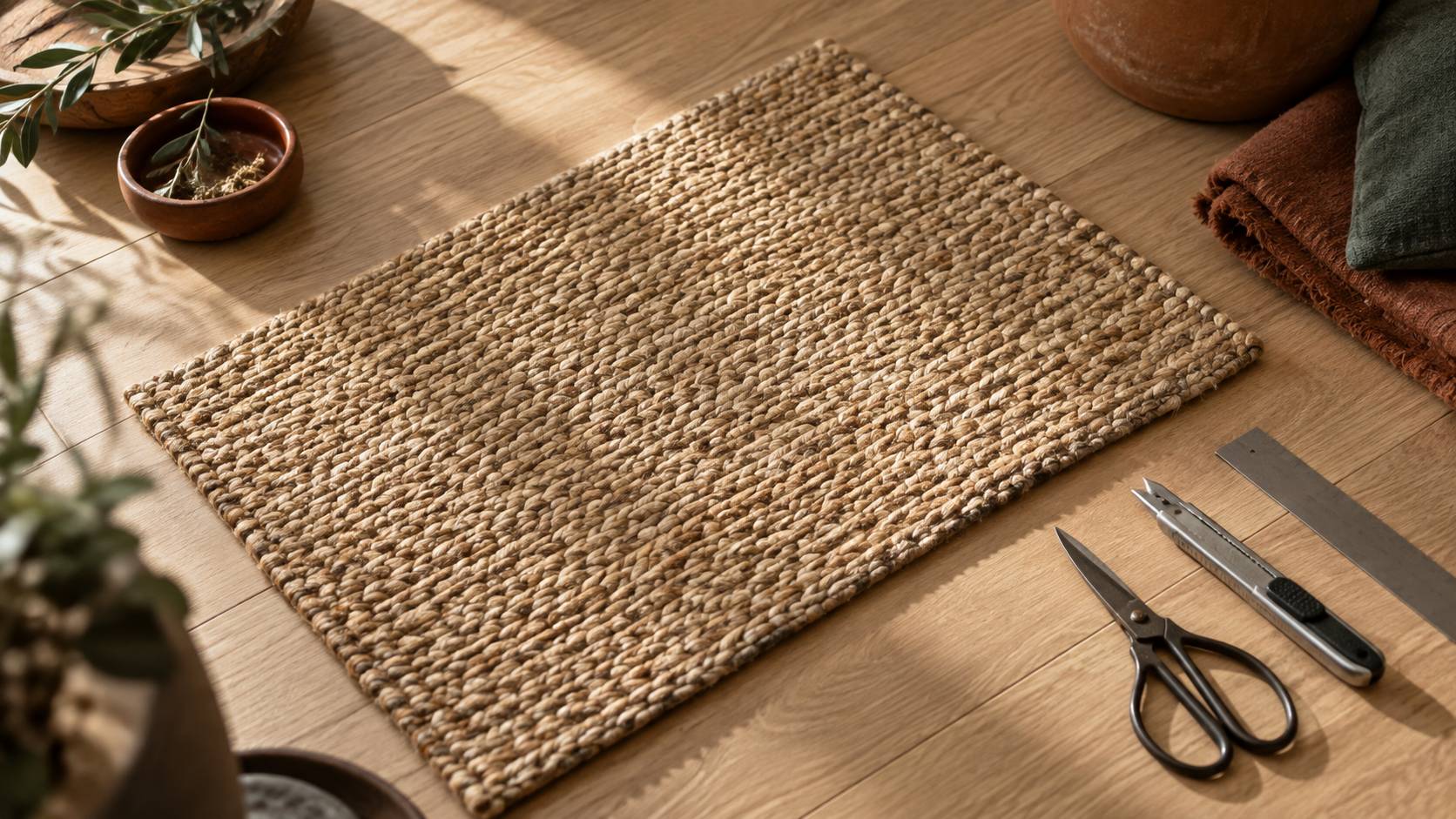Echantillon de revetement en fibres vegetales tressees sur un parquet clair