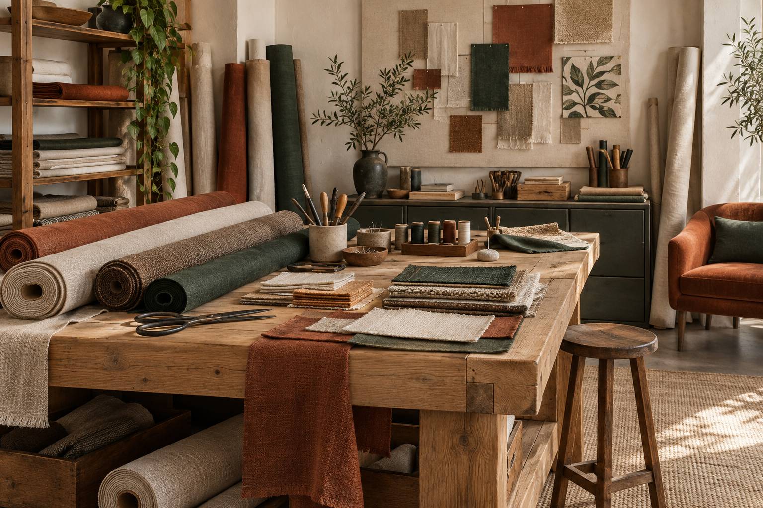 Rouleaux de tissu et outils de couture sur une table d'atelier