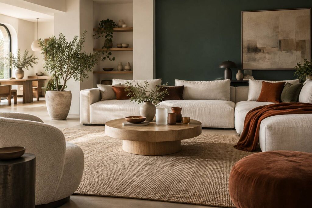 Table basse ronde en bois clair devant un canape en lin dans un salon vert