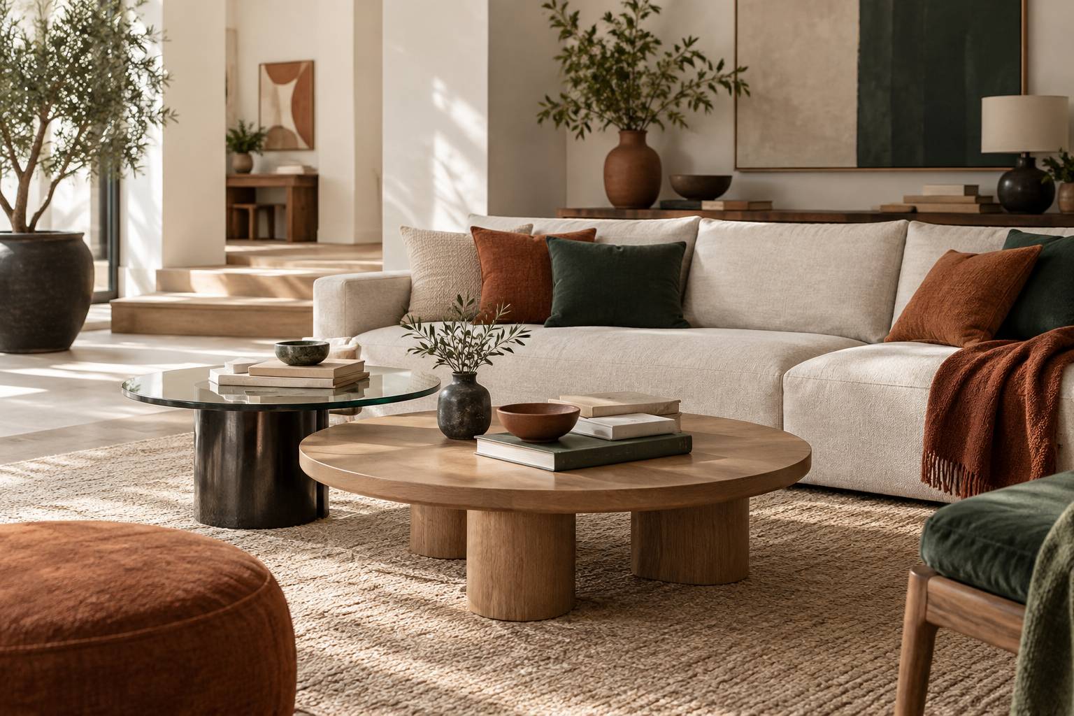 Deux tables basses en bois et verre dans un salon contemporain