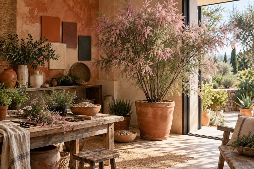 Illustration éditoriale du sujet : Tamaris : plantation, taille et floraison de l'arbre
