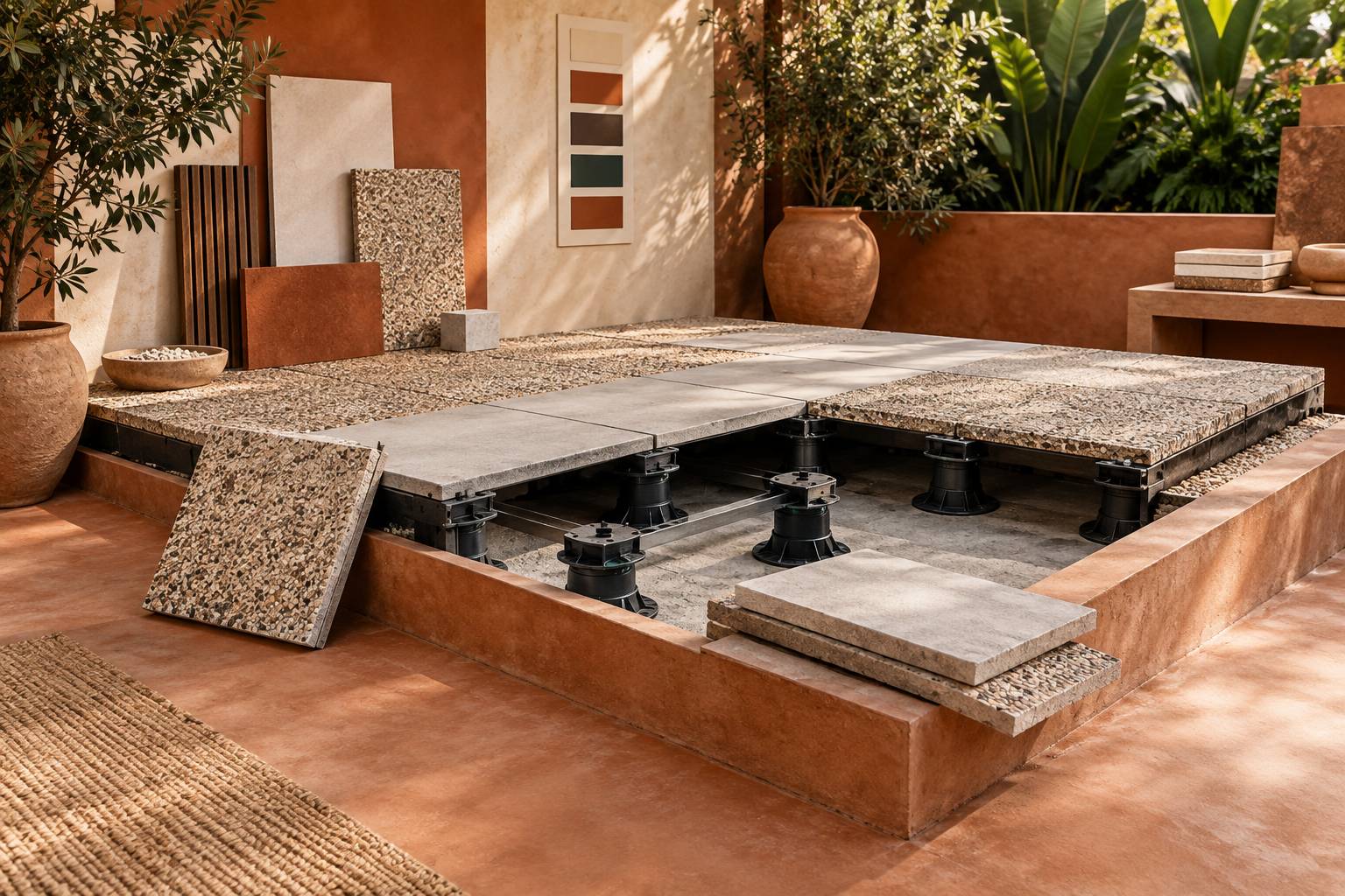 Illustration éditoriale du sujet : Terrasse sur plots : pose pas à pas et budget au m²