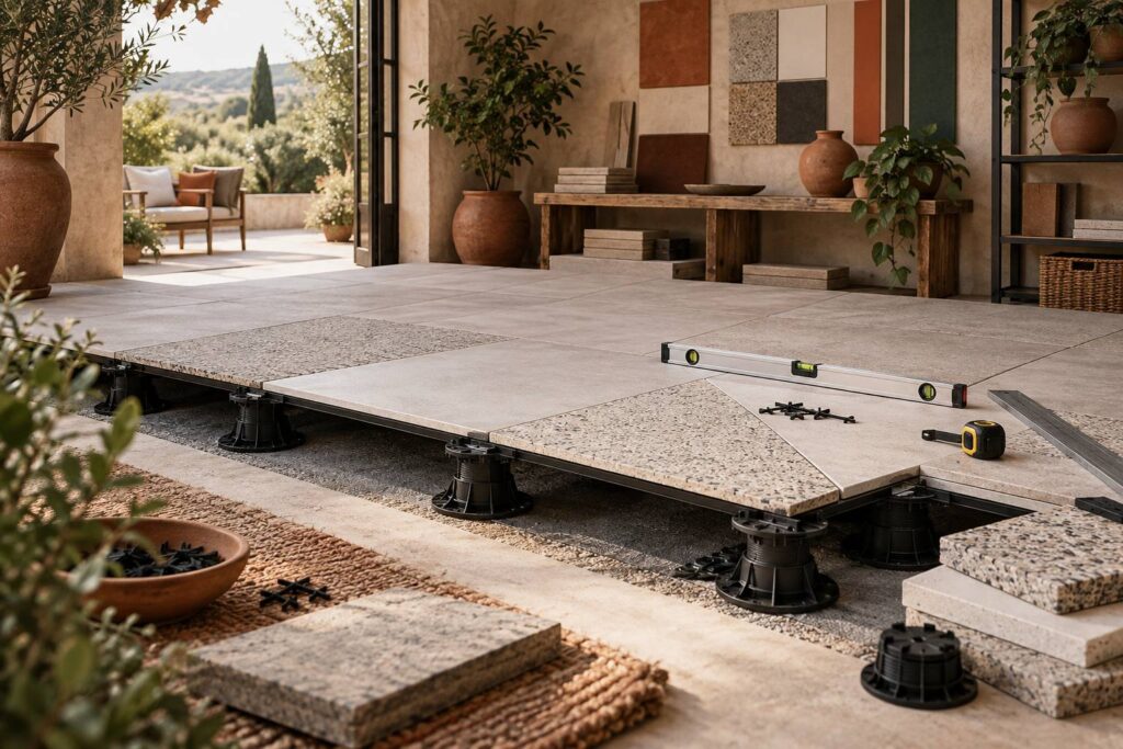 Illustration éditoriale du sujet : Terrasse sur plots : pose pas à pas et budget au m²