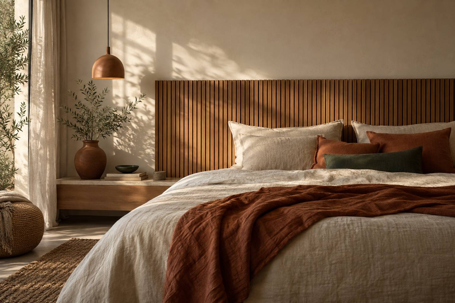Panneau de tete de lit en bois a lattes visibles derriere des coussins