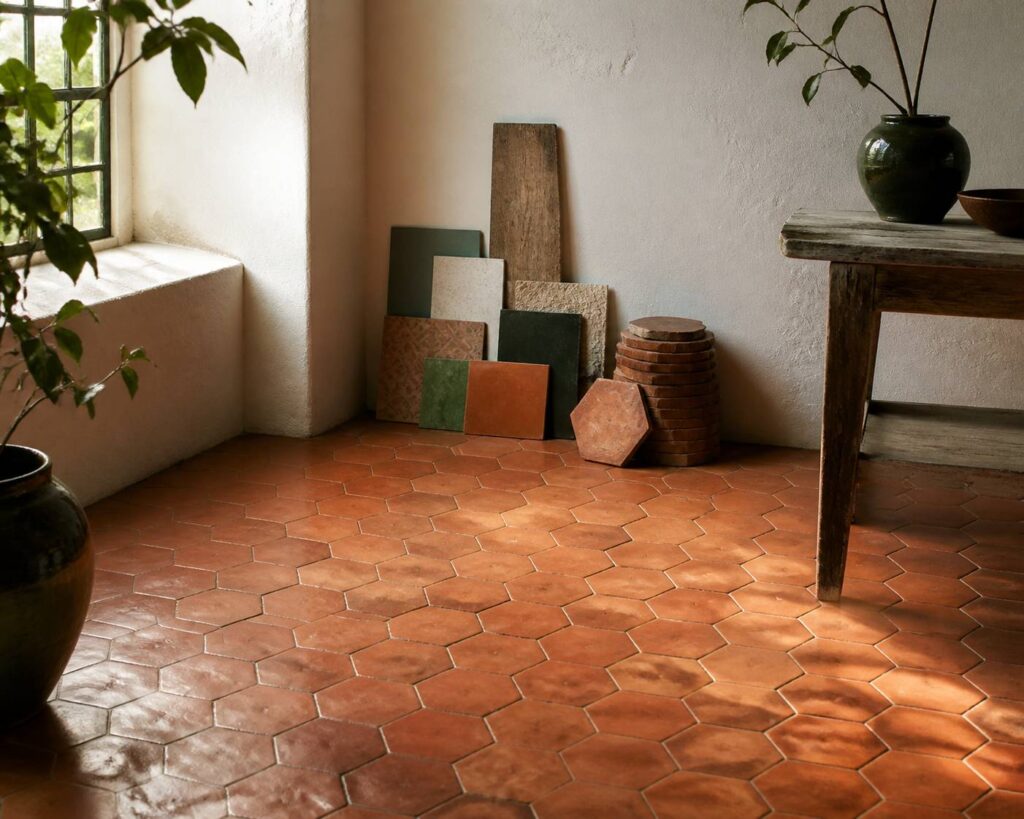 Sol en tomettes hexagonales en terre cuite terracotta dans une pièce lumineuse aux murs blancs