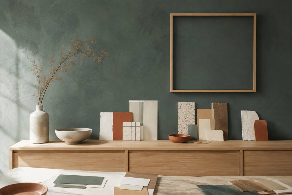 Mur décoratif vert-de-gris dans un intérieur lumineux avec échantillons de teintes
