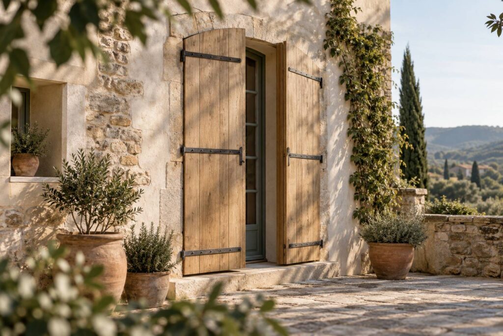 Volet en bois clair sur une facade de maison traditionnelle avec gonds metalliques