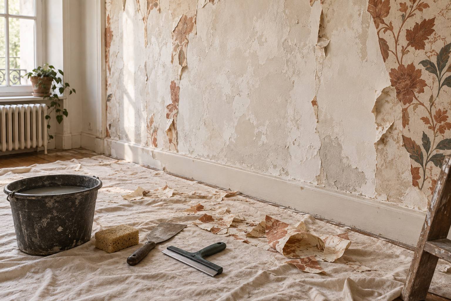 Depose de papier peint avec spatule et seau d'eau sur un mur en travaux