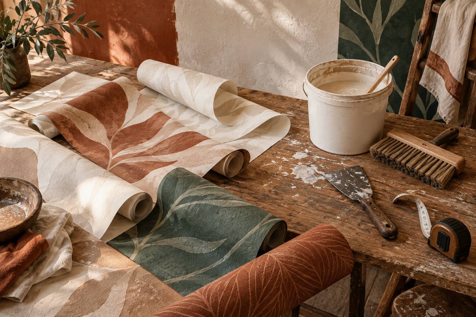 Établi de pose de papier peint avec spatule, brosse et seau de colle
