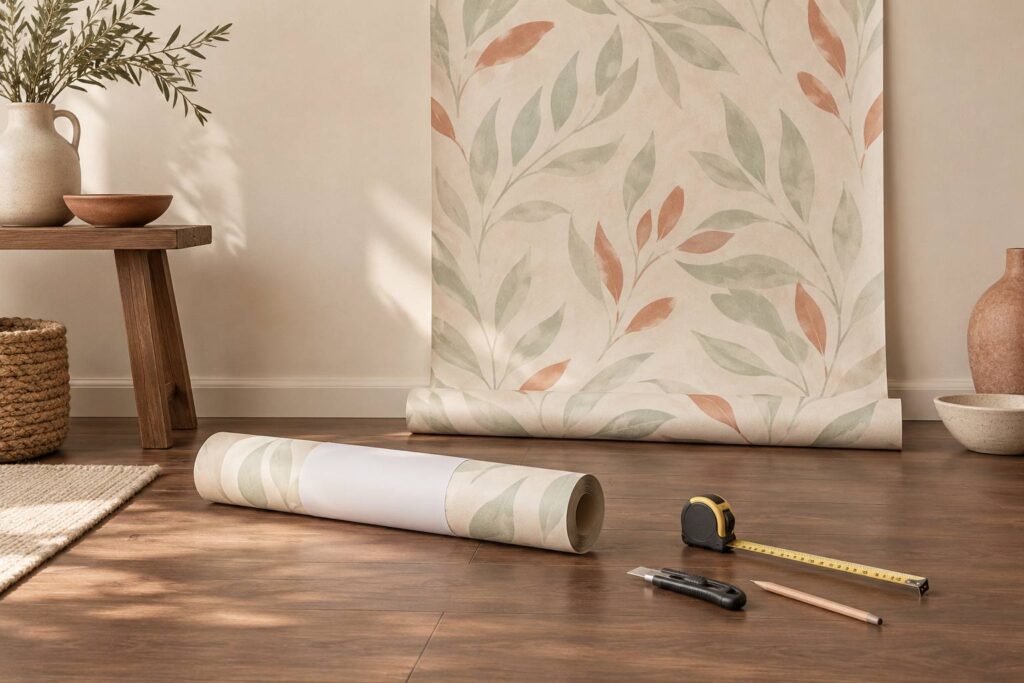Rouleaux de papier peint intissé, mètre ruban et étiquette vierge devant un mur clair