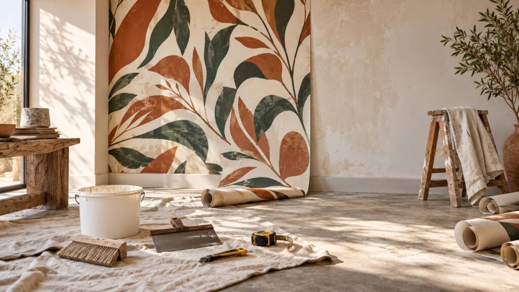 Lé de papier peint à motifs, spatule et seau de colle contre un mur