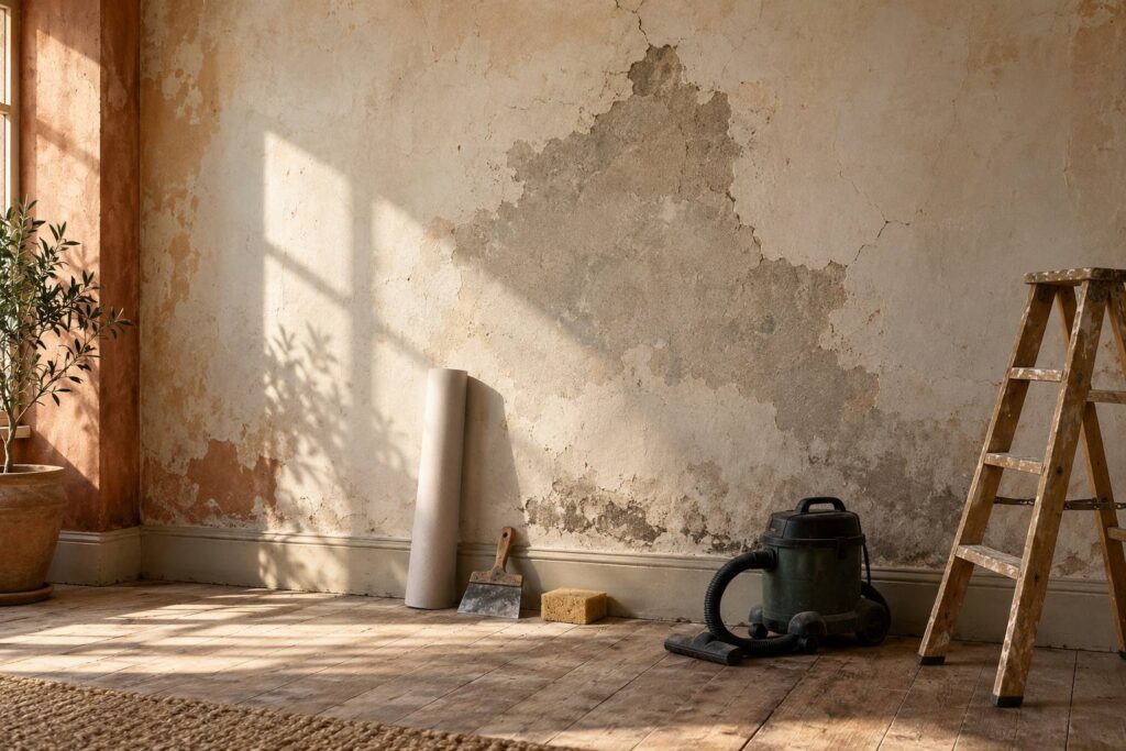 Mur en plâtre ancien avec zone à nu, fissures fines et outils de diagnostic au sol