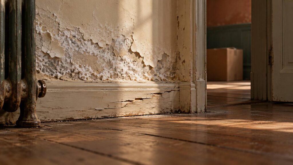 Bas d'un mur intérieur couvert de salpêtre blanc avec plinthes gonflées et peinture écaillée