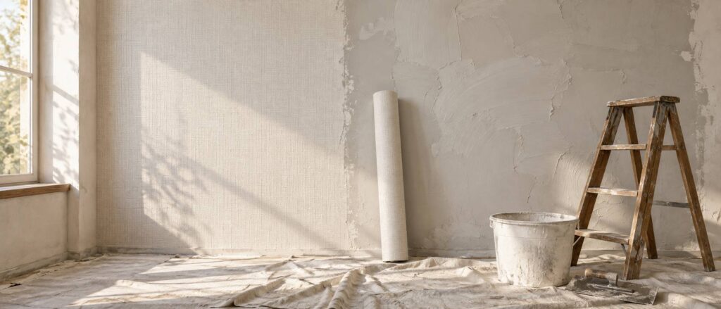 Mur préparé avec toile de verre et enduit de lissage, spatule large et rouleau de papier peint