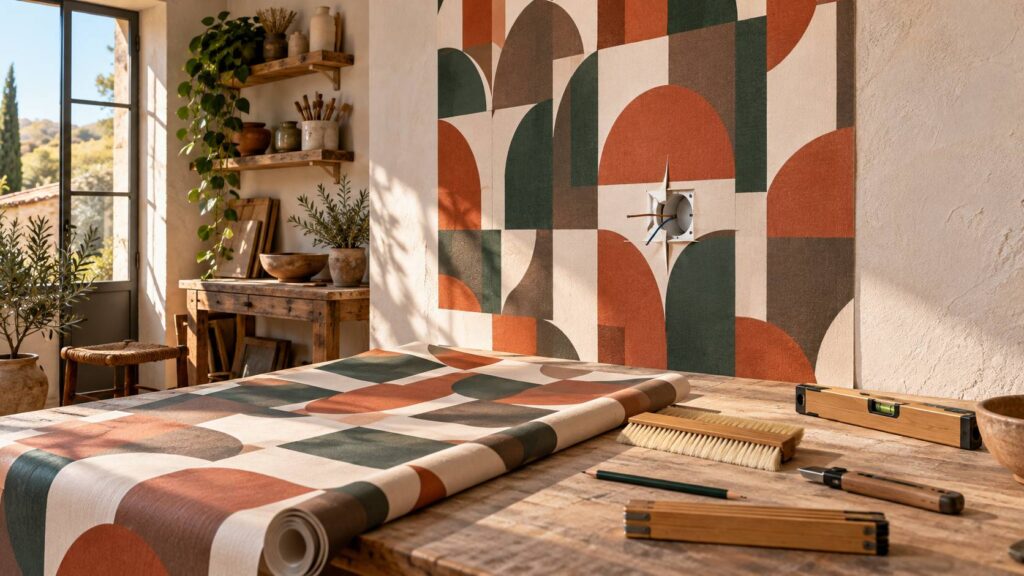 Mur en cours de tapissage avec lé géométrique terracotta et vert, prise déposée et découpe en croix