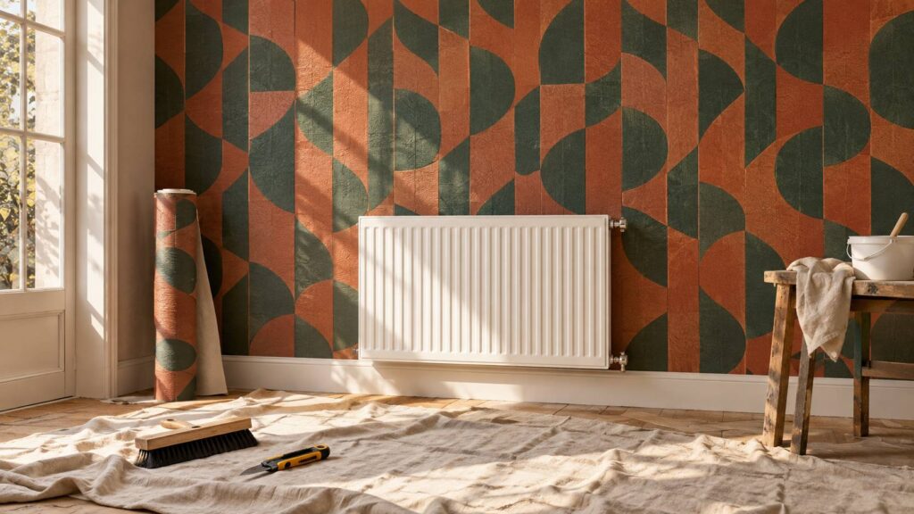 Mur tapisse d'un papier peint terracotta et vert avec radiateur blanc et rouleau de papier peint