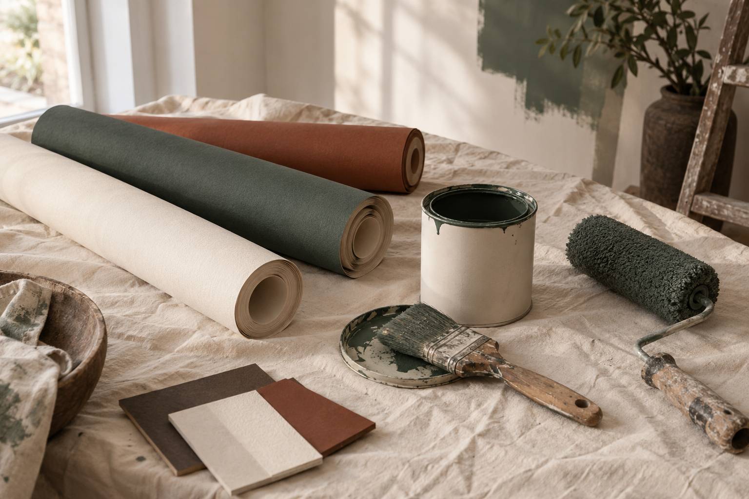 Rouleaux de papier peint et pot de peinture avec pinceau et rouleau