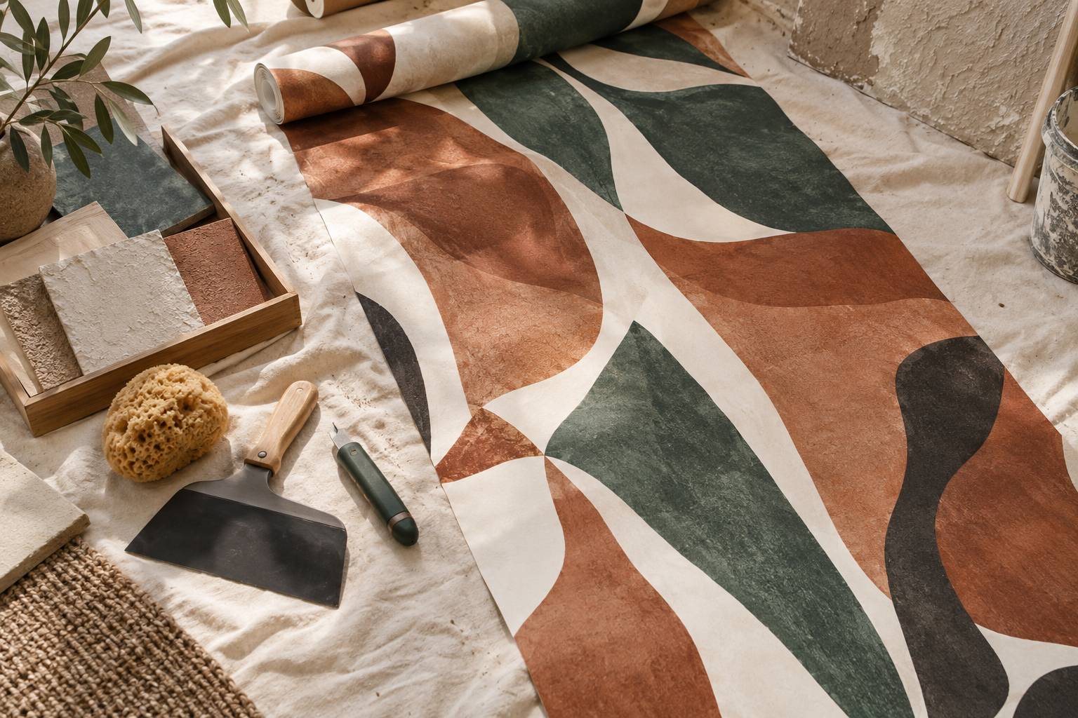 Le de papier peint, spatule et eponge poses sur une bache d'atelier