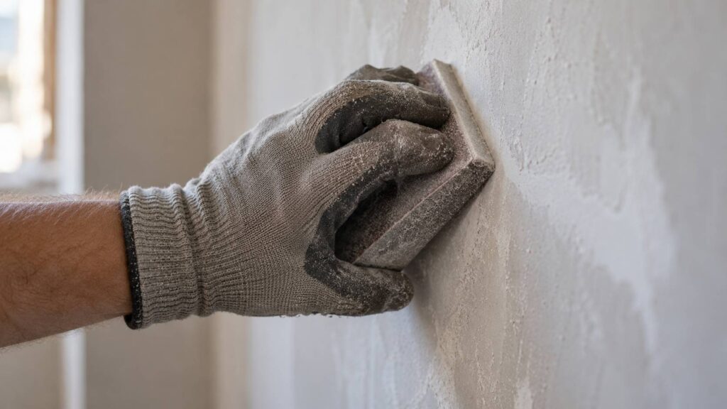 Illustration de détail sur le sujet : Poncer un mur avant tapisserie : grain et poussière