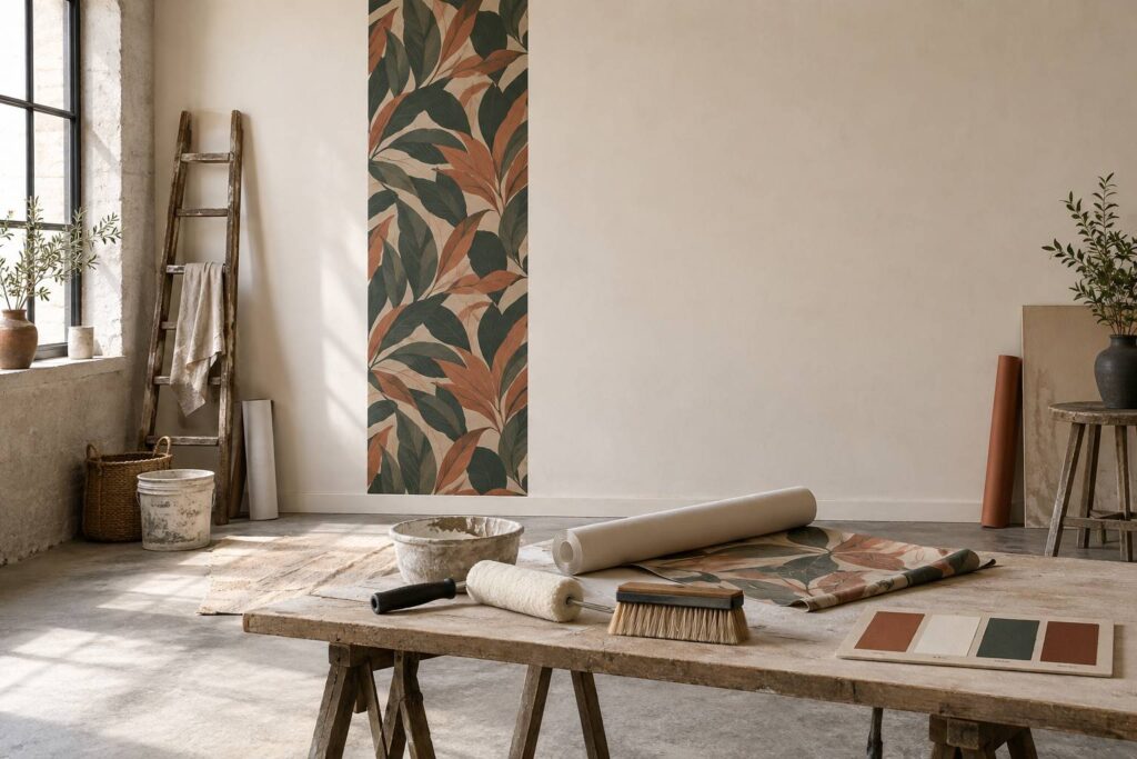 Bande de papier peint et table à encoller dans une pièce