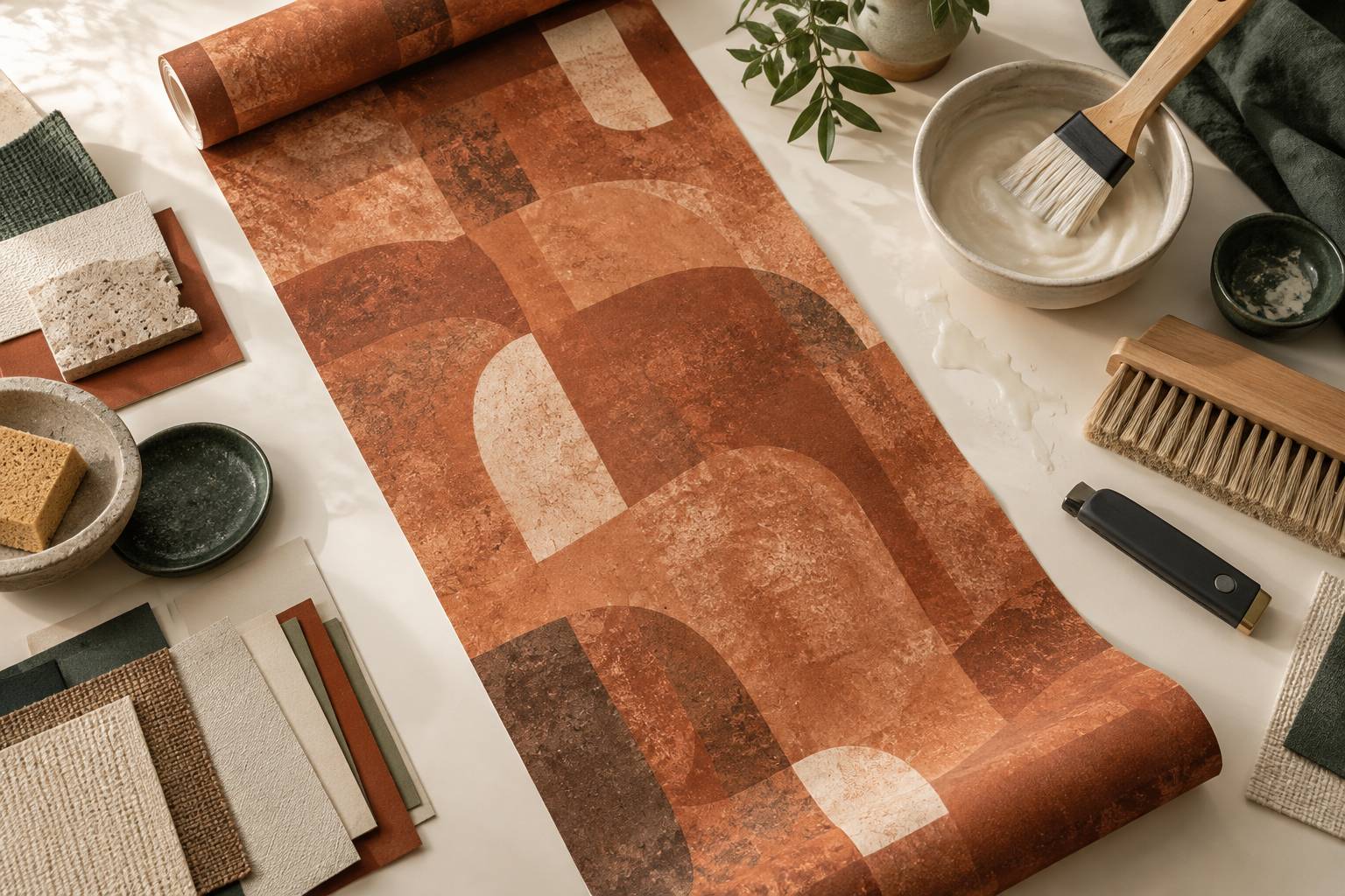 Papier peint, brosse et cutter sur une table à encoller