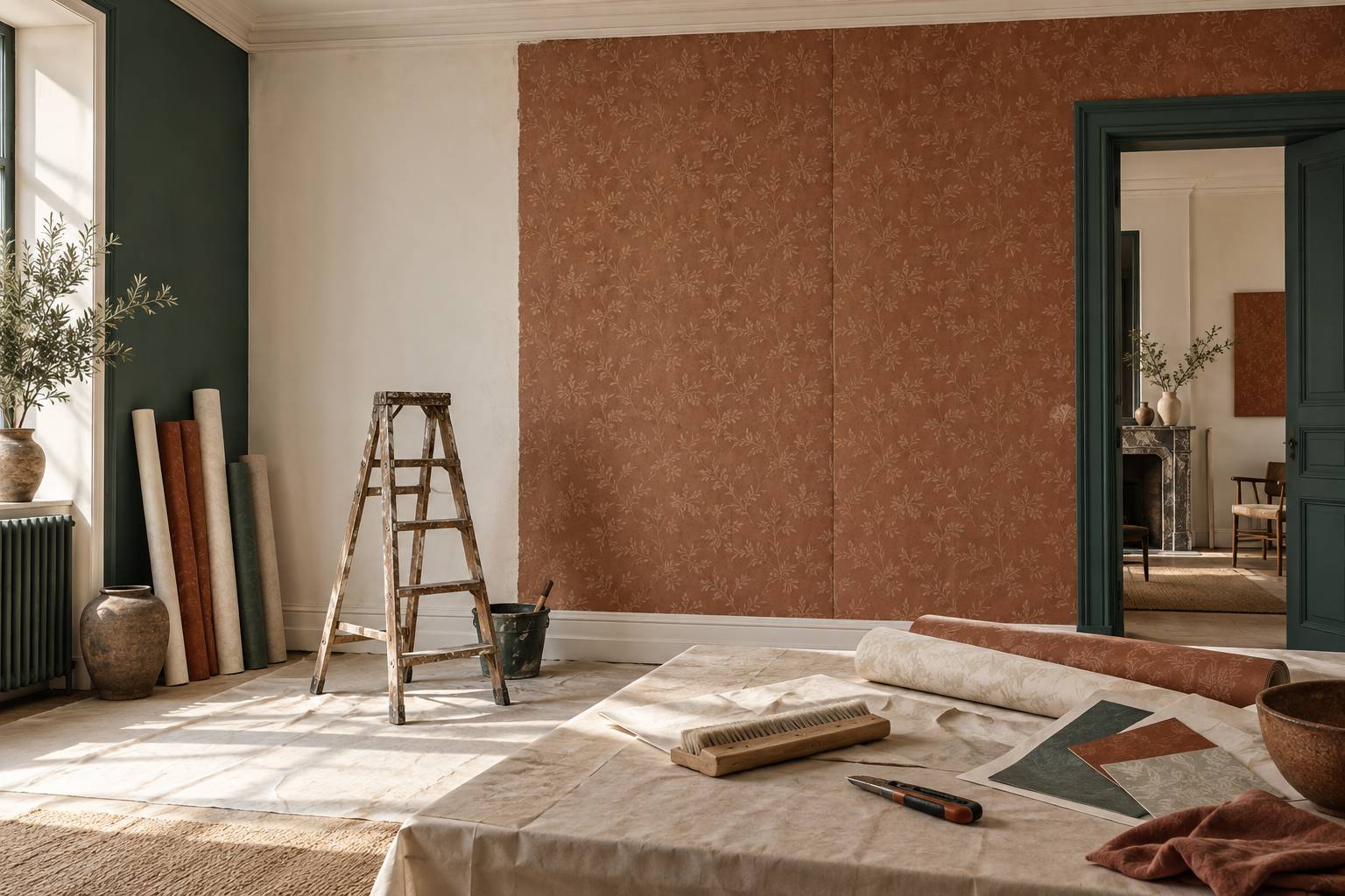Bande de papier peint intisse posee sur un mur avec maroufleur sur une table