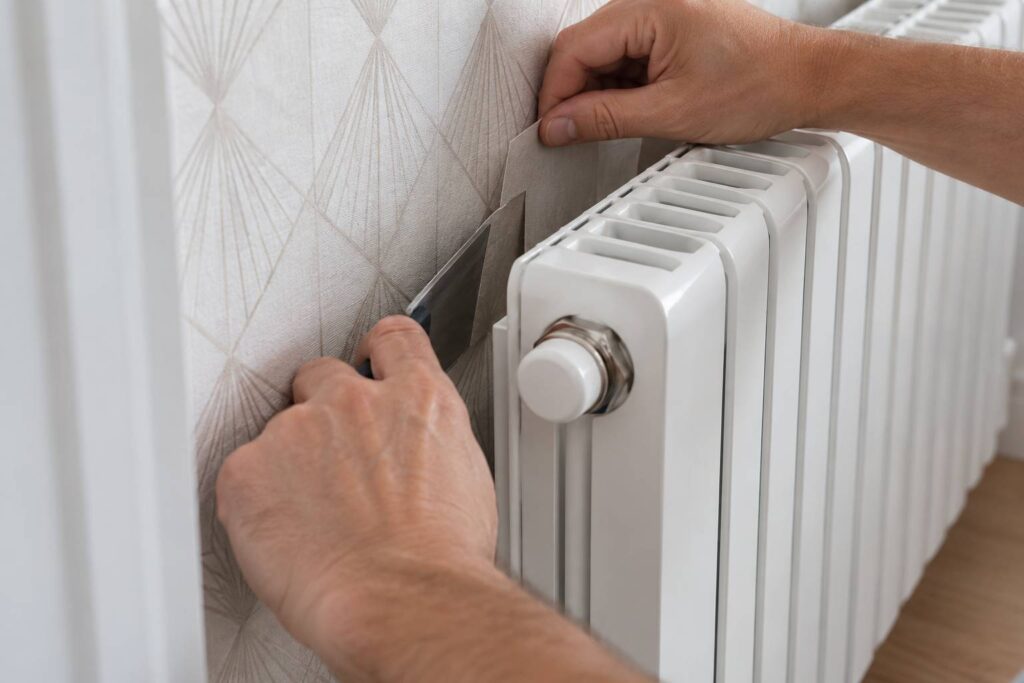 Illustration de détail sur le sujet : Poser du papier peint derrière un radiateur