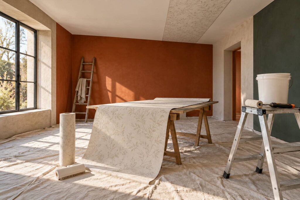 Rouleau de papier peint intisse et brosse a marouiller pres d'un plafond en travaux