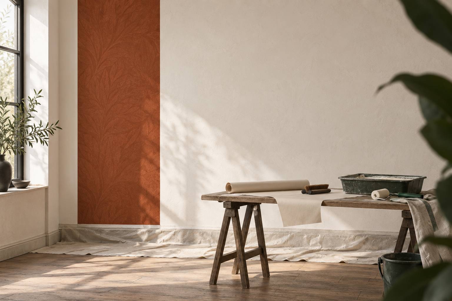 Mur en cours de tapissage avec lé de papier peint et table à tapisser