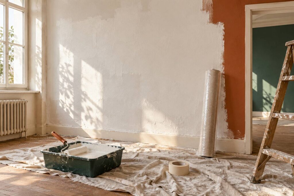 Mur fraîchement sous couché avec rouleau dans un bac et rouleau de papier peint posé