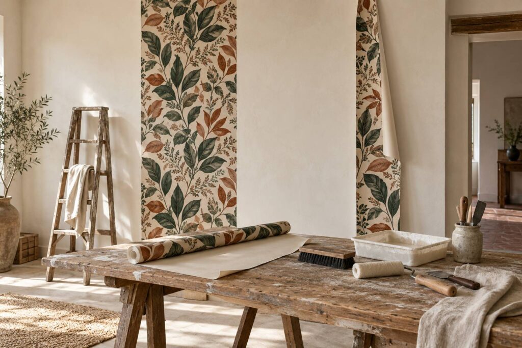 Mur en cours de tapissage avec papier peint a motif discret et table a encoller